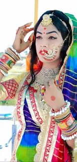 Woman in colorful traditional attire with intricate jewelry.