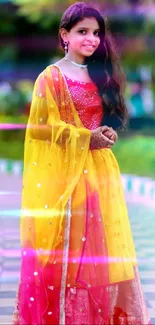 Woman in colorful traditional attire, elegant and vibrant.