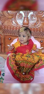 Baby in colorful traditional attire sitting on a wooden carved chair.