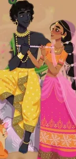 Vibrant illustration of a traditionally dressed couple in colorful attire.