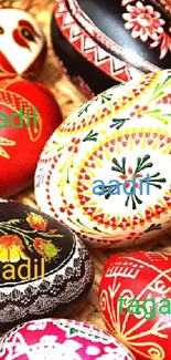 Colorful traditional Easter eggs in a basket.