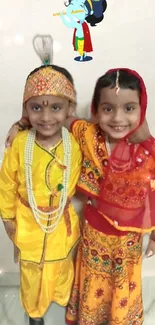 Smiling children in vibrant traditional attire with a festive theme.