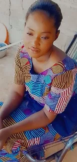 Woman in colorful traditional dress sitting on a chair in natural light.