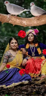 Two women in traditional attire with roses in a forest, accompanied by doves.