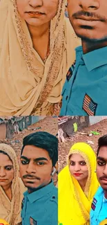 Vibrant selfie collage with traditional attire in beige and blue hues.