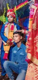 Traditional wedding with colorful attire and decorations.