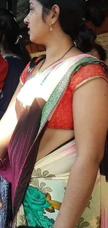 Woman in vibrant, traditional sari and colorful attire.