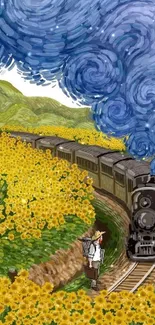 Artistic wallpaper of a train in a sunflower field with swirling blue sky.