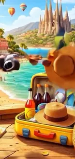 Colorful travel-themed mobile wallpaper with beach and landmarks.