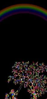 Colorful tree with rainbow on black wallpaper background.