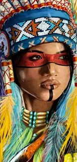 Colorful tribal portrait with feathers and headdress.