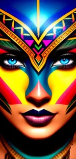 Vibrant tribal face art wallpaper with geometric patterns and blue eyes.