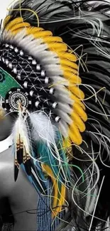 Colorful tribal feather headdress on grayscale background.