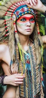 Tribal woman adorned in colorful feather headdress with forest backdrop.