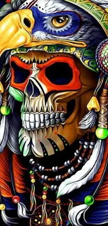 Vibrant tribal skull wallpaper with bold colors and intricate details.