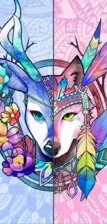 Tribal wolf with colorful feathers and bold patterns wallpaper.