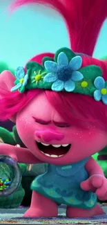 Colorful pink troll character with floral headband.