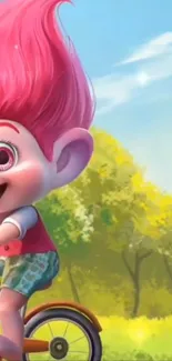 Colorful troll character riding a bicycle in a vibrant forest.