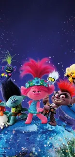 Colorful trolls on globe with starry background.