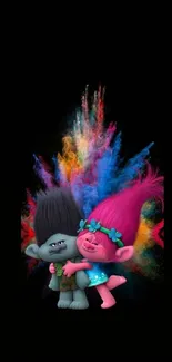 Colorful trolls with black background mobile wallpaper.