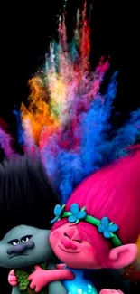 Vibrant trolls with colorful powder on black background.