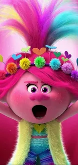 Colorful Trolls character with rainbow hair and a vibrant pink background.