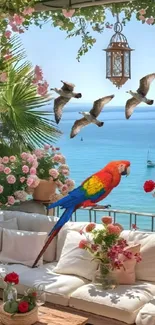 Colorful parrot on a flower-decorated balcony with ocean view.