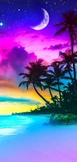 Vibrant tropical beach at night with colorful sky and palm trees.