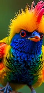 Vibrant tropical bird with colorful plumage and striking yellow crest.