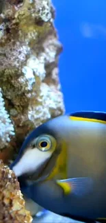 Tropical fish in coral reef with a vivid blue background.