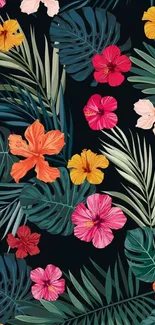 Vibrant tropical floral wallpaper with colorful hibiscus and leaves.