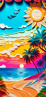 Colorful tropical paper art with ocean, palm trees, and sunset.