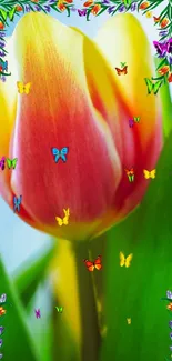 Vibrant tulip with colorful butterflies and lush green leaves.