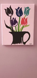 Vibrant tulip painting in a vase on a pink backdrop.