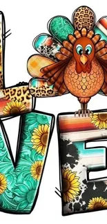 Colorful turkey art wallpaper for mobile with paisley and sunflowers.