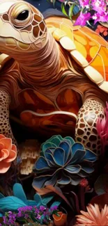 Colorful turtle surrounded by vibrant flowers in an artistic design.