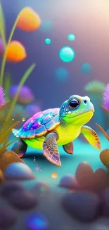 Vibrant fantasy turtle in colorful underwater world.