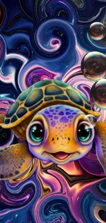 Colorful cartoon turtle with a vibrant swirl background wallpaper.