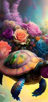 A colorful turtle carries vibrant roses in a fantasy art style.