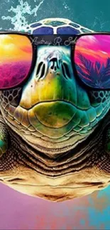 Stylish turtle wearing colorful sunglasses on a vibrant background.