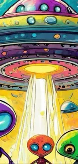 Colorful UFO and aliens mobile wallpaper.