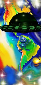 Vibrant wallpaper with UFO and robot on colorful abstract background.