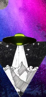 Surreal mobile wallpaper with UFO in colorful cosmic background.