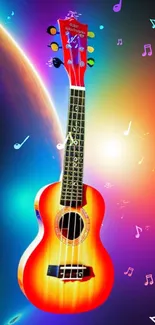 Vibrant ukulele on cosmic colorful background wallpaper.