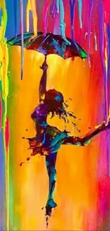 Abstract colorful art of a dancing figure with an umbrella.