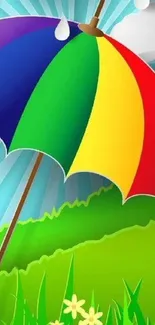 Colorful umbrella with vibrant green background on wallpaper.