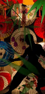 Ninja silhouette with colorful Japanese umbrellas as background.