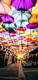 Colorful umbrellas hanging over a charming street creating vibrant ambience.