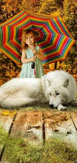 Girl with rainbow umbrella and white wolf in autumn forest.