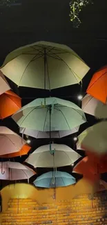 Vibrant wallpaper of colorful umbrellas hanging artistically indoors.